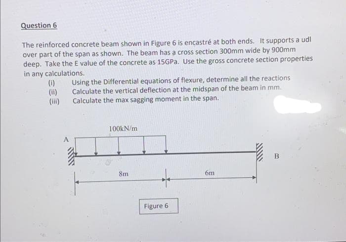 Question 6
The reinforced concrete beam shown in Figure 6 is encastré at both ends. It supports a udl
over part of the span as shown. The beam has a cross section 300mm wide by 900mm
deep. Take the E value of the concrete as 15GPA. Use the gross concrete section properties
in any calculations.
(1)
(ii)
Using the Differential equations of flexure, determine all the reactions
Calculate the vertical deflection at the midspan of the beam in mm.
Calculate the max sagging moment in the span.
(iii)
100KN/m
B
8m
6m
Figure 6
