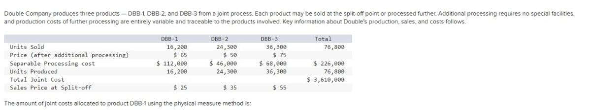 Double Company produces three products - DBB-1, DBB-2, and DBB-3 from a joint process. Each product may be sold at the split-off point or processed further. Additional processing requires no special facilities.
and production costs of further processing are entirely variable and traceable to the products involved. Key information about Double's production, sales, and costs follows.
Units Sold
Price (after additional processing)
DBB-1
16,200
$65
$ 112,000
16,200
DBB-2
24,300
$ 50
$25
Separable Processing cost
Units Produced
Total Joint Cost
Sales Price at Split-off
The amount of joint costs allocated to product DBB-1 using the physical measure method is:
$ 46,000
24,300
$35
DBB-3
36,300
$75
$ 68,000
36,300
$55
Total
76,800
$ 226,000
76,800
$ 3,610,000