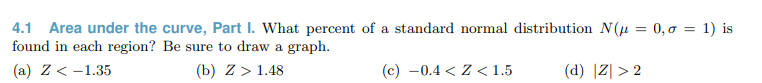 4.1 Area under the curve, Part I. What percent of a standard normal distribution N(μ = 0,0 = 1) is
found in each region? Be sure to draw a graph.
(a) Z < -1.35
(b) Z> 1.48
(c) -0.4 < Z < 1.5
(d) |Z|>2