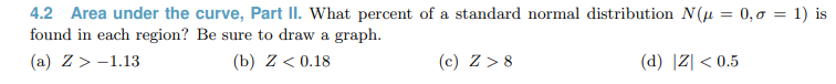 4.2 Area under the curve, Part II. What percent of a standard normal distribution N(μ = 0,0 = 1) is
found in each region? Be sure to draw a graph.
(a) Z> -1.13
(b) Z < 0.18
(c) Z>8
(d) |Z| <0.5