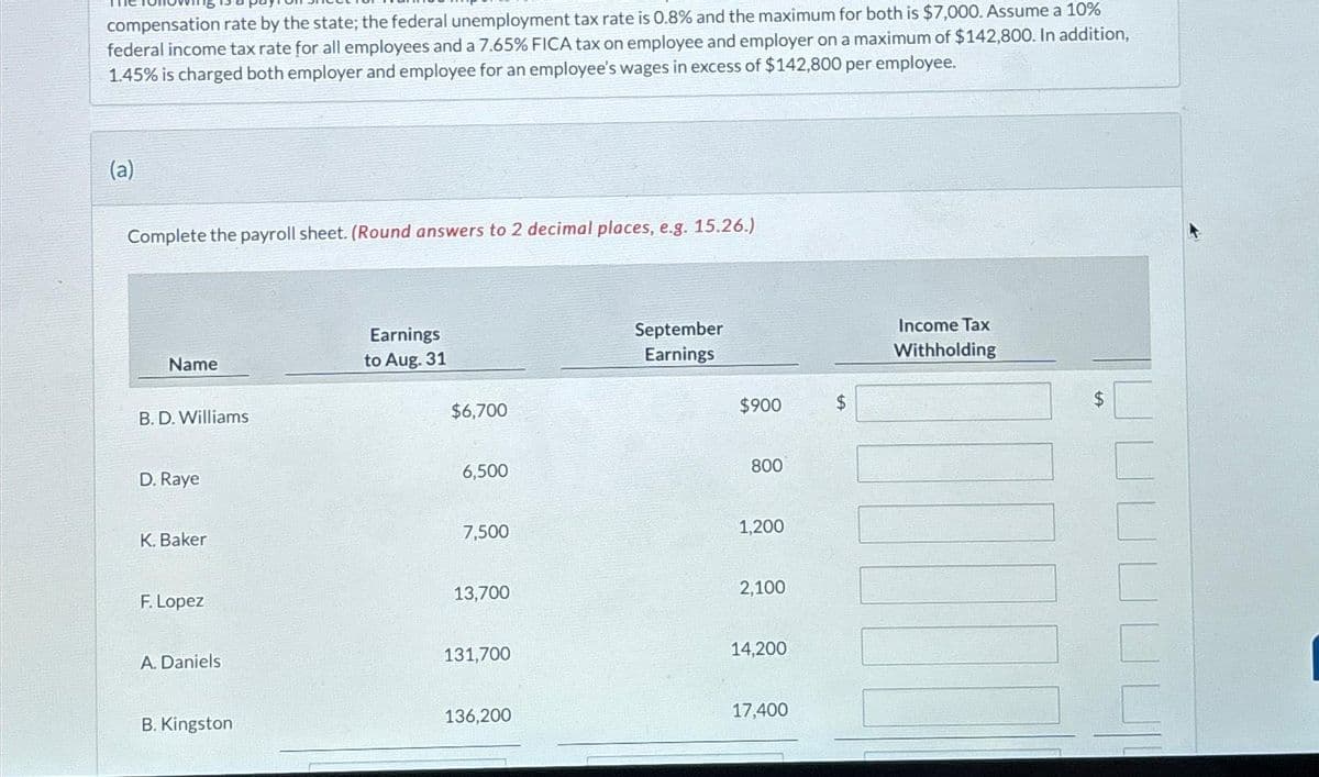 compensation rate by the state; the federal unemployment tax rate is 0.8% and the maximum for both is $7,000. Assume a 10%
federal income tax rate for all employees and a 7.65% FICA tax on employee and employer on a maximum of $142,800. In addition,
1.45% is charged both employer and employee for an employee's wages in excess of $142,800 per employee.
(a)
Complete the payroll sheet. (Round answers to 2 decimal places, e.g. 15.26.)
Name
B. D. Williams
D. Raye
K. Baker
F. Lopez
A. Daniels
B. Kingston
Earnings
to Aug. 31
$6,700
6,500
7,500
13,700
131,700
136,200
September
Earnings
$900
800
1,200
2,100
14,200
17,400
$
Income Tax
Withholding
100
$