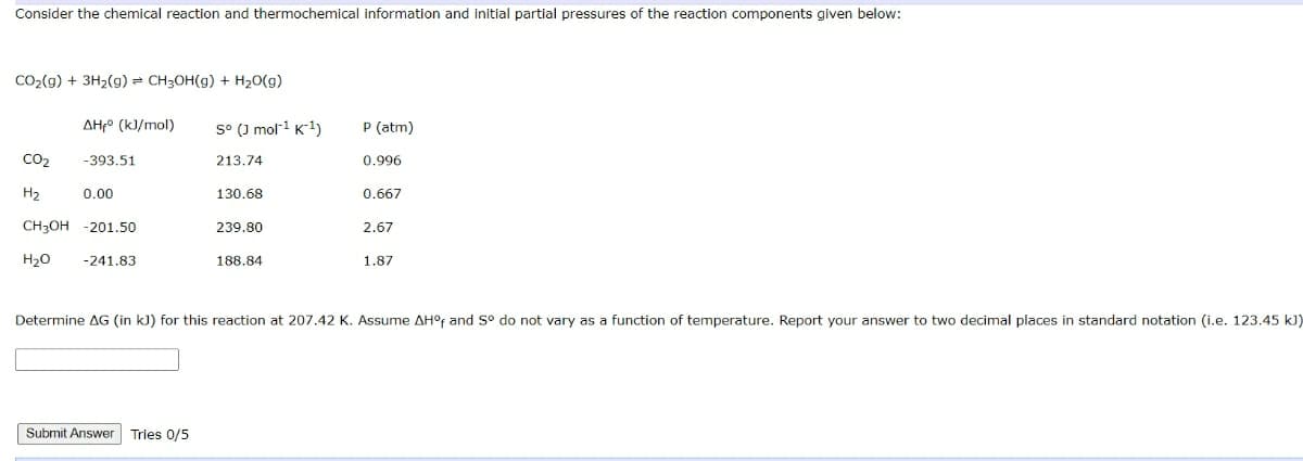 Consider the chemical reaction and thermochemical information and initial partial pressures of the reaction components given below:
CO2(g) + 3H2(g) = CH3OH(g) + H20(g)
AH-° (k)/mol)
s° (J mol-1 K1)
P (atm)
CO2
-393.51
213.74
0.996
H2
0.00
130.68
0.667
CH3OH -201.50
239.80
2,67
H20
-241.83
188.84
1.87
Determine AG (in kJ) for this reaction at 207.42 K. Assume AH°F and So do not vary as a function of temperature. Report your answer to two decimal places in standard notation (i.e. 123.45 kJ)
Submit Answer Tries 0/5
