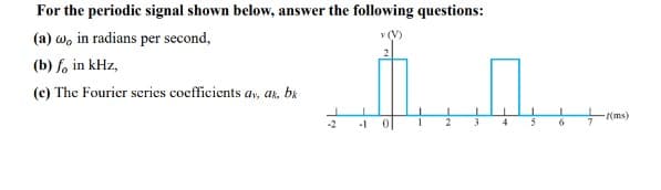 For the periodic signal shown below, answer the following questions:
(a) wo in radians per second,
v (V)
(b) fo in kHz,
(c) The Fourier series coefficients av, ak, bk
-1
0
5
6
-/(ms)