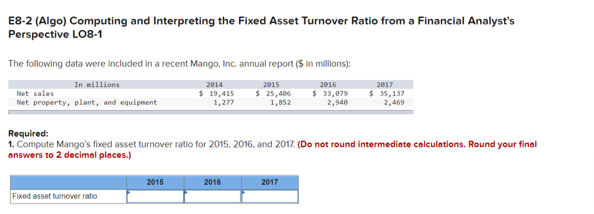 E8-2 (Algo) Computing and Interpreting the Fixed Asset Turnover Ratio from a Financial Analyst's
Perspective LO8-1
The following data were included in a recent Mango, Inc. annual report ($ in millions):
2016
$33,079
2,940
In millions
Net sales.
Net property, plant, and equipment.
Fixed asset turnover ratio
2014
$ 19,415
1,277
2015
Required:
1. Compute Mango's fixed asset turnover ratio for 2015, 2016, and 2017. (Do not round intermediate calculations. Round your final
answers to 2 decimal places.)
2015
$ 25,406
1,852
2016
2017
$ 35,137
2,469
2017