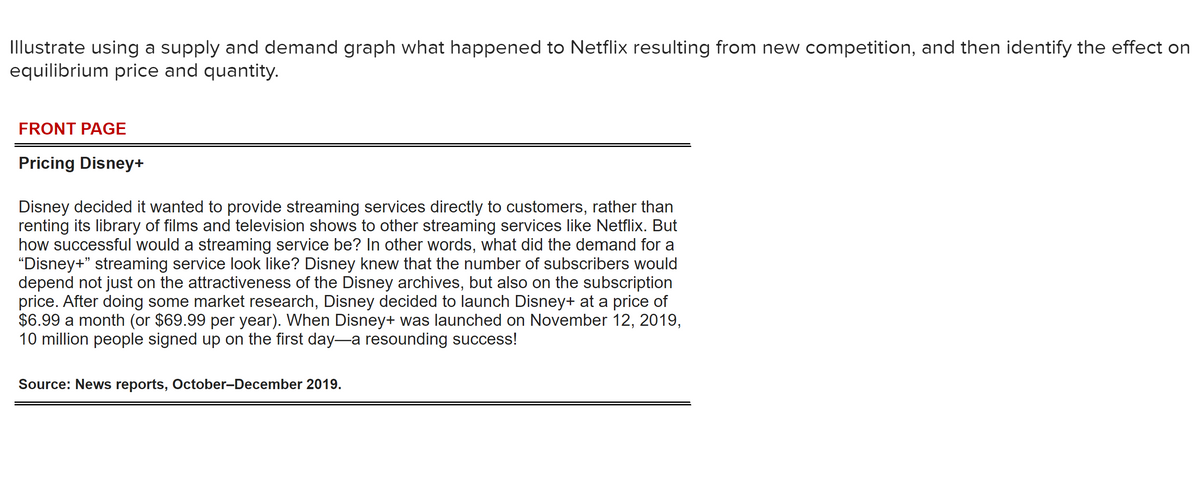 Illustrate using a supply and demand graph what happened to Netflix resulting from new competition, and then identify the effect on
equilibrium price and quantity.
FRONT PAGE
Pricing Disney+
Disney decided it wanted to provide streaming services directly to customers, rather than
renting its library of films and television shows to other streaming services like Netflix. But
how successful would a streaming service be? In other words, what did the demand for a
"Disney+" streaming service look like? Disney knew that the number of subscribers would
depend not just on the attractiveness of the Disney archives, but also on the subscription
price. After doing some market research, Disney decided to launch Disney+ at a price of
$6.99 a month (or $69.99 per year). When Disney+ was launched on November 12, 2019,
10 million people signed up on the first day-a resounding success!
Source: News reports, October-December 2019.
