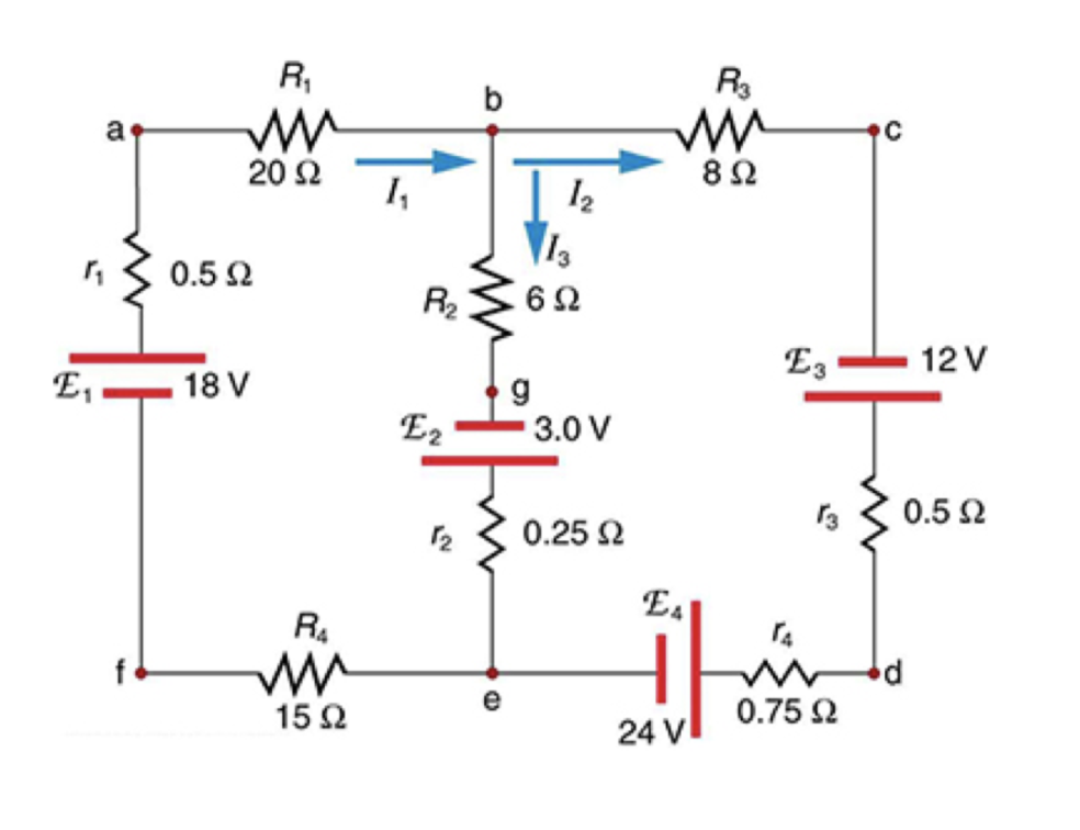 R,
b
a
20 2
1,
8Ω
12
0.5 2
R2
E3
12 V
E,
18 V
g
E2
3.0 V
3
0.5 2
0.25 2
E4
R4
15 2
0.75 2
24 V
