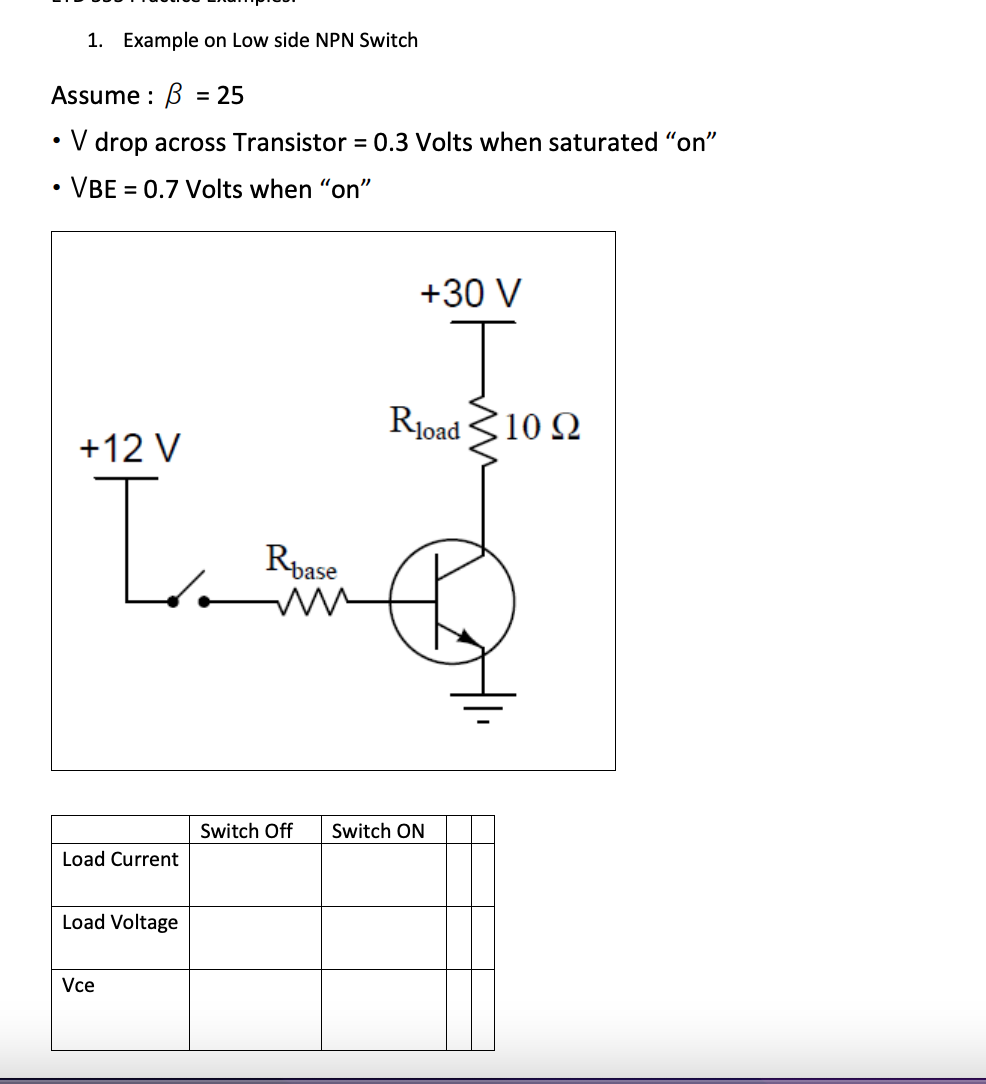 1. Example on Low side NPN Switch
Assume: B = 25
• V drop across Transistor = 0.3 Volts when saturated "on"
VBE = 0.7 Volts when "on"
.
+12 V
I.
Load Current
Load Voltage
Vce
Rbase
Switch Off
+30 V
T
Rload 102
Switch ON