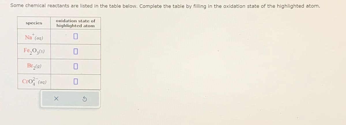 Some chemical reactants are listed in the table below. Complete the table by filling in the oxidation state of the highlighted atom.
species
Na (aq)
Fe,0,0
Br₂(9)
CO
oxidation state of
highlighted atom