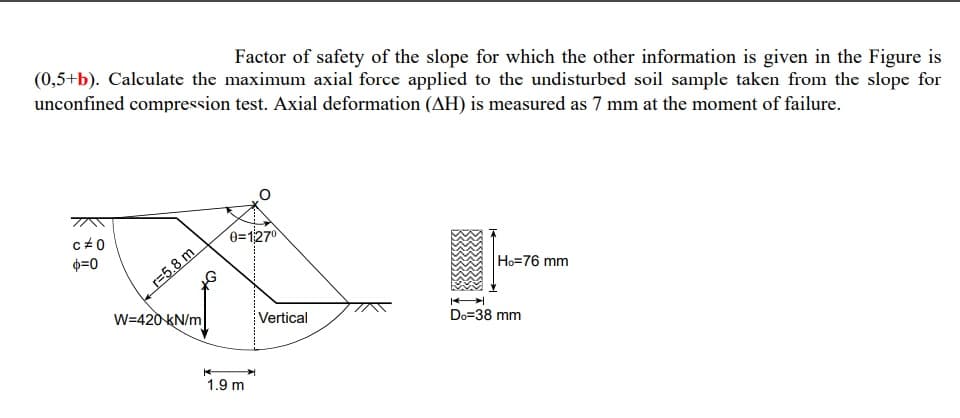 Factor of safety of the slope for which the other information is given in the Figure is
(0,5+b). Calculate the maximum axial force applied to the undisturbed soil sample taken from the slope for
unconfined compression test. Axial deformation (AH) is measured as 7 mm at the moment of failure.
c#0
$=0
r=5.8 m
W=420 kN/m]
0=127⁰
1.9 m
Vertical
Ho=76 mm
Do=38 mm