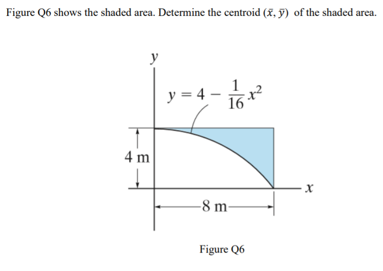 Figure Q6 shows the shaded area. Determine the centroid (x, ỹ) of the shaded area.
y
16
y = 4 –
4 m
-8 m-
Figure Q6
