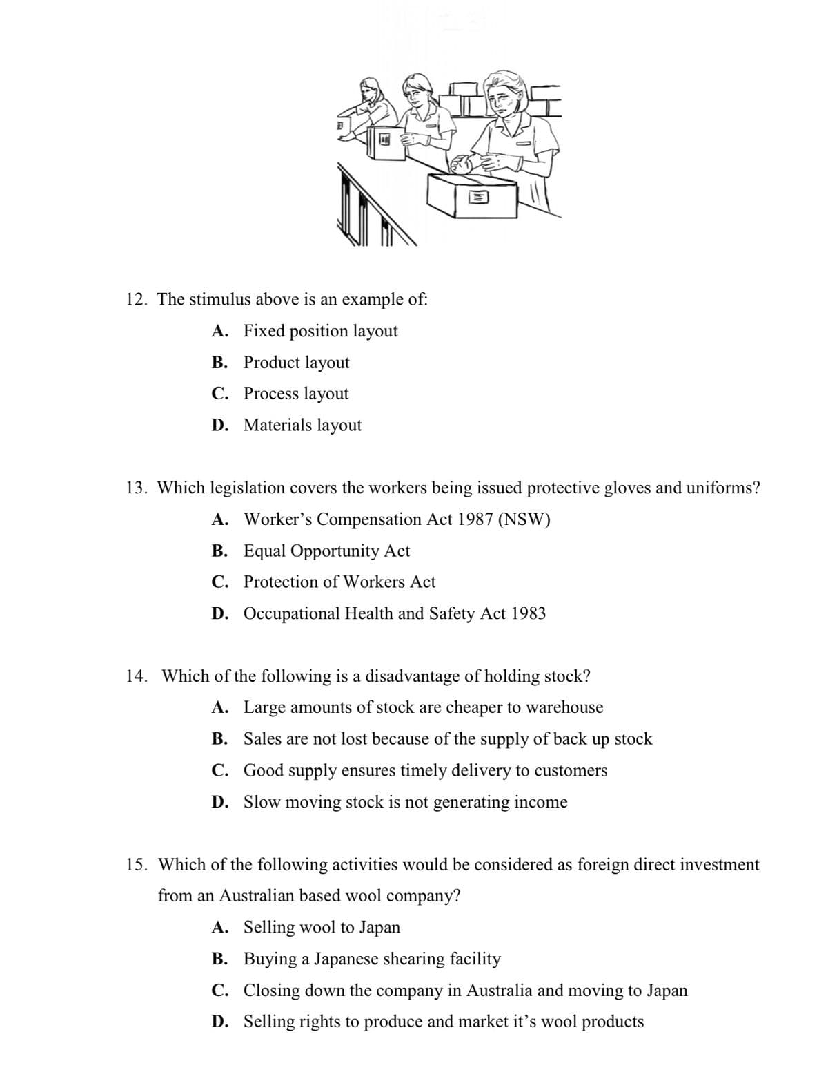 12. The stimulus above is an example of:
A. Fixed position layout
B. Product layout
C. Process layout
D. Materials layout
13. Which legislation covers the workers being issued protective gloves and uniforms?
A. Worker's Compensation Act 1987 (NSW)
B. Equal Opportunity Act
C. Protection of Workers Act
D. Occupational Health and Safety Act 1983
14. Which of the following is a disadvantage of holding stock?
A. Large amounts of stock are cheaper to warehouse
B. Sales are not lost because of the supply of back up stock
C. Good supply ensures timely delivery to customers
D. Slow moving stock is not generating income
15. Which of the following activities would be considered as foreign direct investment
from an Australian based wool company?
A. Selling wool to Japan
B. Buying a Japanese shearing facility
C. Closing down the company in Australia and moving to Japan
D. Selling rights to produce and market it's wool products
