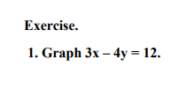 Exercise.
1. Graph 3x – 4y = 12.
