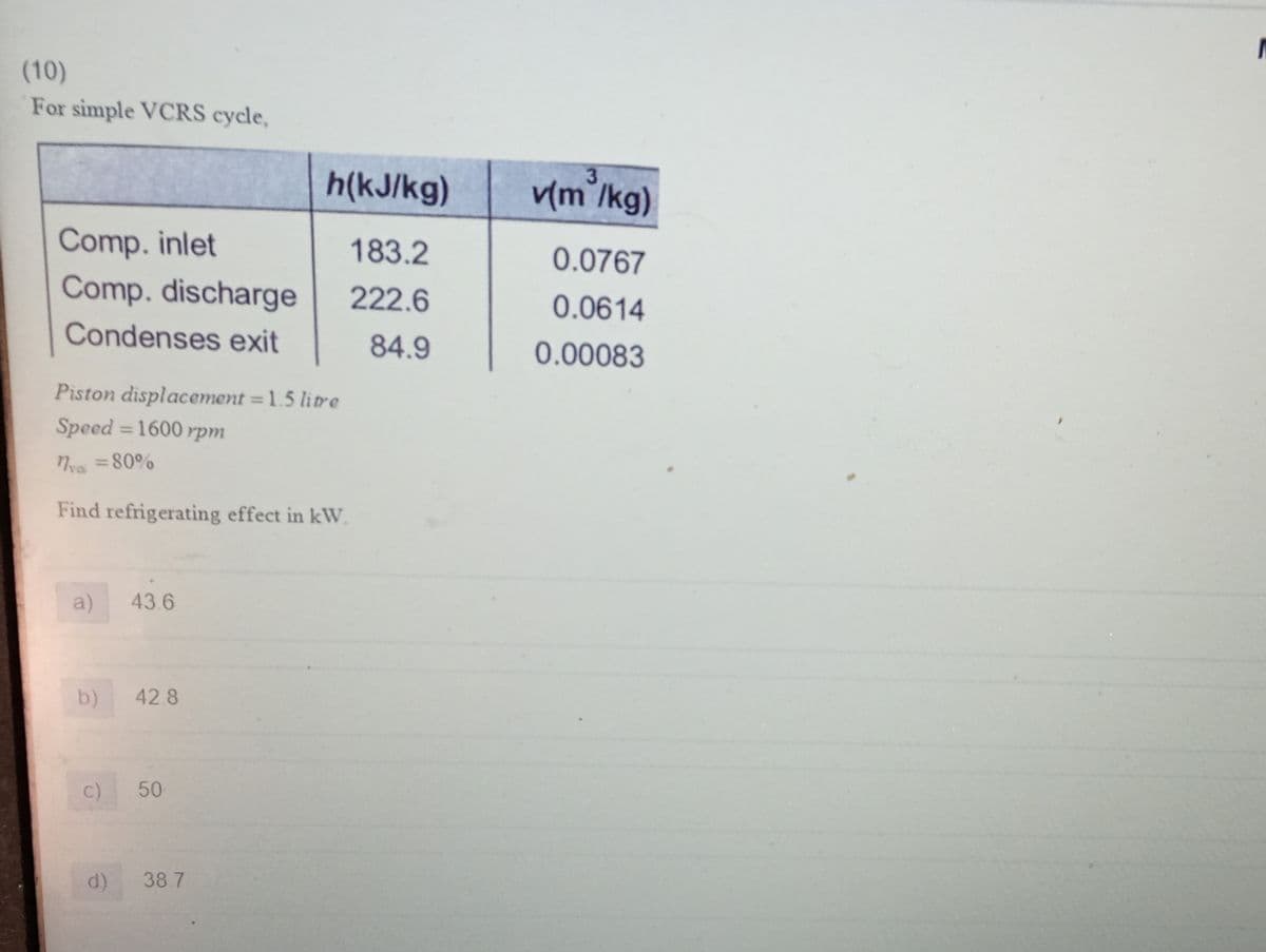 (10)
For simple VCRS cycle,
3
h(kJ/kg)
v(m /kg)
Comp. inlet
183.2
0.0767
Comp. discharge
222.6
0.0614
Condenses exit
84.9
0.00083
Piston displacement =1.5 litre
Speed = 1600 rpm
Nva =80%
Find refrigerating effect in kW.
a)
43.6
b)
42.8
50
d)
38 7
c)
