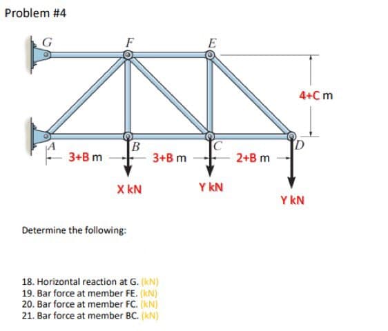 Problem #4
G
F
B
X KN
3+B m
Determine the following:
18. Horizontal reaction at G. (kN)
19. Bar force at member FE. (kN)
20. Bar force at member FC. (kN)
21. Bar force at member BC. (kN)
3+B m
E
Y KN
2+B m
4+Cm
Y KN