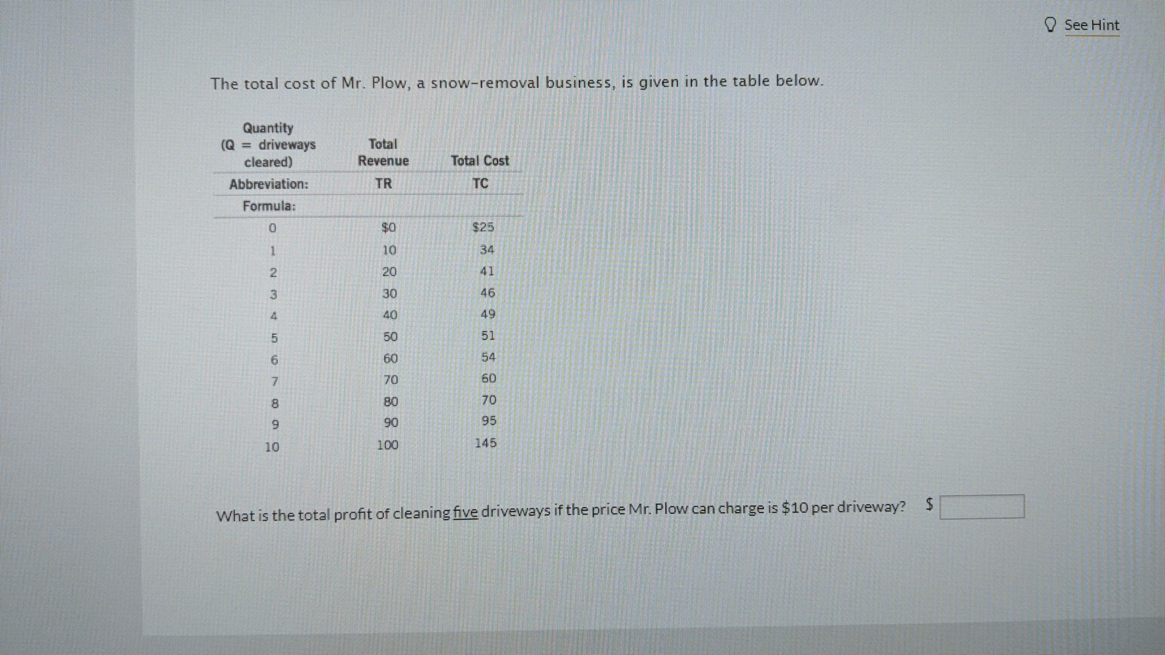 OSee Hint
The total cost of Mr. Plow, a snow-removal business, is given in the table below.
Quantity
(Q = driveways
cleared)
Total
Revenue
Total Cost
Abbreviation:
TR
TC
Formula:
$0
$25
10
34.
2)
20
41
30
46
4.
40
49
50
51
60
54
70
60
8.
80
70
6.
90
95
10
100
145
What is the total profit of cleaning five driveways if the price Mr. Plow can charge is $10 per driveway?
%24
