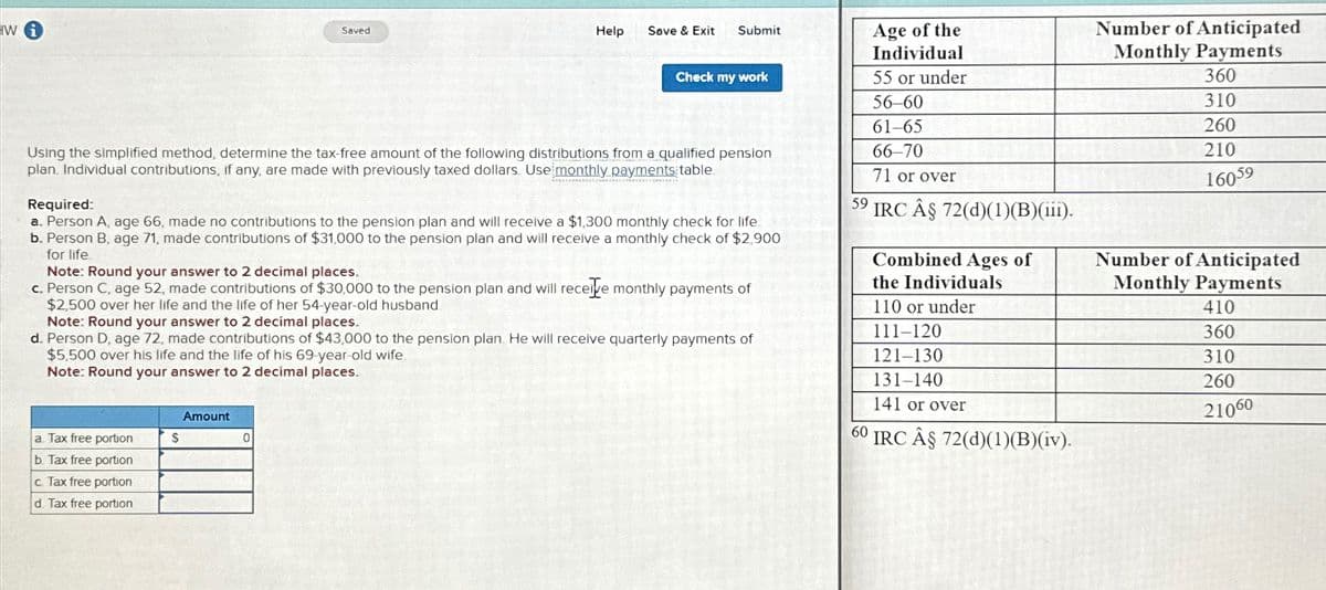 Wi
Saved
61-65
Using the simplified method, determine the tax-free amount of the following distributions from a qualified pension
plan. Individual contributions, if any, are made with previously taxed dollars. Use monthly payments table
Required:
a. Person A, age 66, made no contributions to the pension plan and will receive a $1,300 monthly check for life.
b. Person B, age 71, made contributions of $31,000 to the pension plan and will receive a monthly check of $2,900
for life.
Note: Round your answer to 2 decimal places.
c. Person C, age 52, made contributions of $30,000 to the pension plan and will receive monthly payments of
$2,500 over her life and the life of her 54-year-old husband
Note: Round your answer to 2 decimal places.
d. Person D, age 72, made contributions of $43,000 to the pension plan. He will receive quarterly payments of
$5,500 over his life and the life of his 69-year-old wife
Note: Round your answer to 2 decimal places.
the Individuals
110 or under
111-120
121-130
66-70
71 or over
Help
Save & Exit Submit
Age of the
Individual
Number of Anticipated
Monthly Payments
Check my work
55 or under
56-60
360
310
260
210
16059
59
IRC Â§ 72(d)(1)(B)(iii).
Combined Ages of
Number of Anticipated
Monthly Payments
410
360
310
Amount
a. Tax free portion
$
0
b. Tax free portion
c. Tax free portion
131-140
141 or over
60
IRC Â§ 72(d)(1)(B)(iv).
260
21060
d. Tax free portion