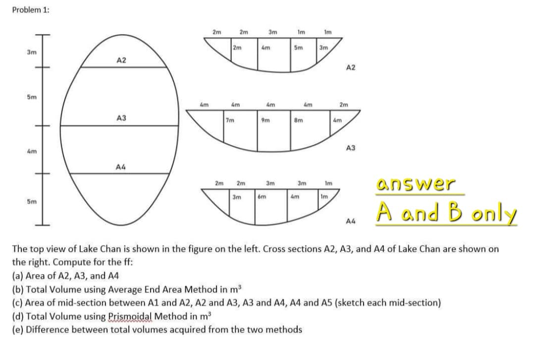 Problem 1:
2m
2m
3m
Im
Im
2m
4m
5m
3m
3m
A2
A2
5m
4m
4m
4m
4m
2m
АЗ
7m
9m
8m
4m
A3
4m
A4
answer
2m
2m
3m
3m
Im
3m
6m
4m
Im
5m
A and B only
A4
The top view of Lake Chan is shown in the figure on the left. Cross sections A2, A3, and A4 of Lake Chan are shown on
the right. Compute for the ff:
(a) Area of A2, A3, and A4
(b) Total Volume using Average End Area Method in m3
(c) Area of mid-section between A1 and A2, A2 and A3, A3 and A4, A4 and A5 (sketch each mid-section)
(d) Total Volume using Prismoidal Method in m?
(e) Difference between total volumes acquired from the two methods
