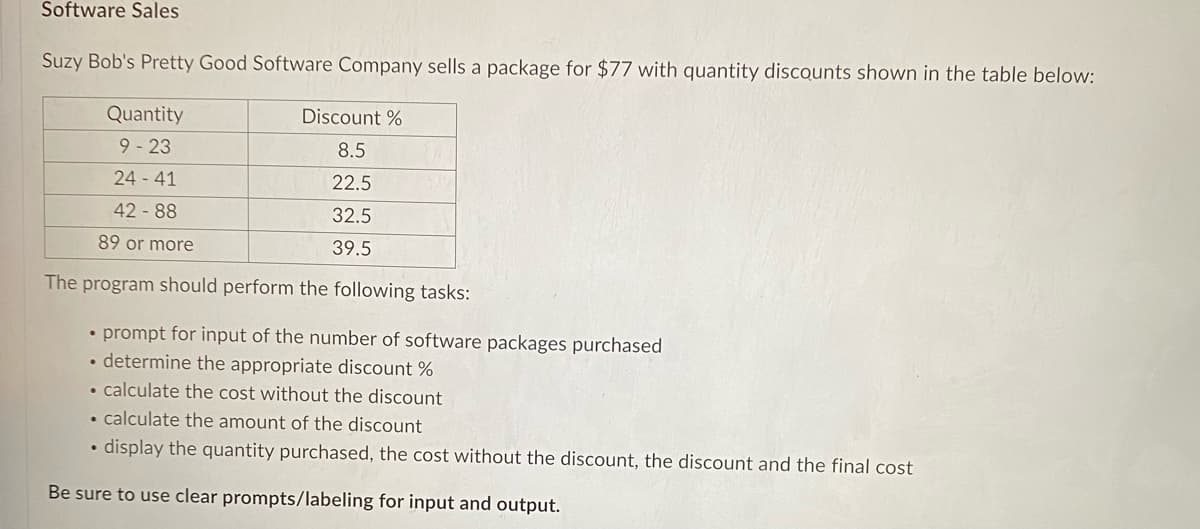 Software Sales
Suzy Bob's Pretty Good Software Company sells a package for $77 with quantity discounts shown in the table below:
Quantity
9-23
24-41
42-88
89 or more
The program should perform the following tasks:
Discount%
8.5
22.5
32.5
39.5
• prompt for input of the number of software packages purchased
determine the appropriate discount %
• calculate the cost without the discount
• calculate the amount of the discount
display the quantity purchased, the cost without the discount, the discount and the final cost
Be sure to use clear prompts/labeling for input and output.
.