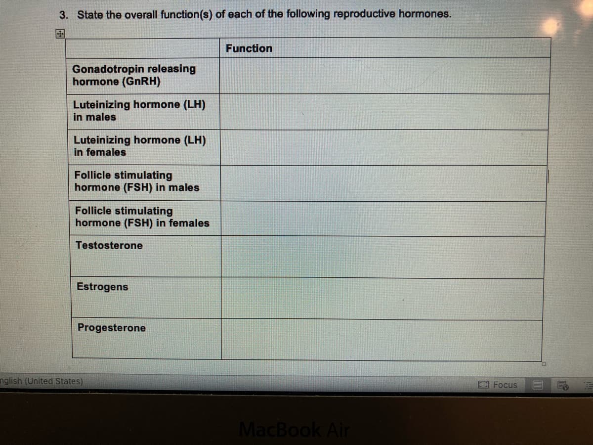 3. State the overall function(s) of each of the following reproductive hormones.
Gonadotropin releasing
hormone (GnRH)
Luteinizing hormone (LH)
in males
Luteinizing hormone (LH)
in females
Follicle stimulating
hormone (FSH) in males
Follicle stimulating
hormone (FSH) in females
Testosterone
Estrogens
Progesterone
nglish (United States)
Function
MacBook Air
Focus
E