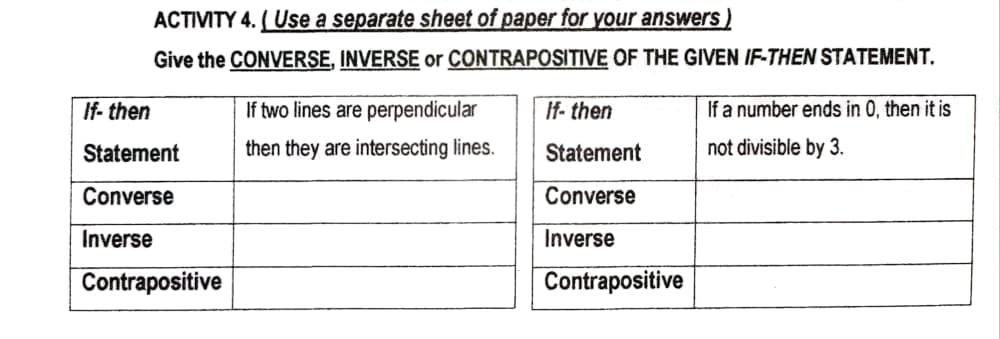 ACTIVITY 4. ( Use a separate sheet of paper for your answers )
Give the CONVERSE, INVERSE or CONTRAPOSITIVE OF THE GIVEN IF-THEN STATEMENT.
If- then
If two lines are perpendicular
If- then
If a number ends in 0, then it is
Statement
then they are intersecting lines.
Statement
not divisible by 3.
Converse
Converse
Inverse
Inverse
Contrapositive
Contrapositive
