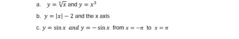 a. y = Vx and y = x³
b. y = |x| – 2 and the x axİs
c. y = sin x and y = – sin x from x = -n to x = n
