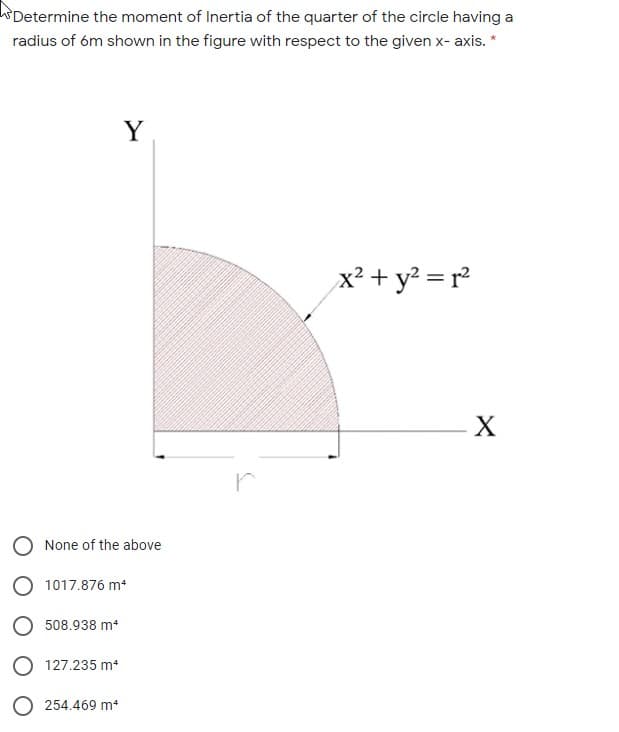 WDetermine the moment of Inertia of the quarter of the circle having a
radius of óm shown in the figure with respect to the given x- axis. *
Y
x² + y? = r²
O None of the above
O 1017.876 m*
O 508.938 m
127.235 m*
254.469 m*
