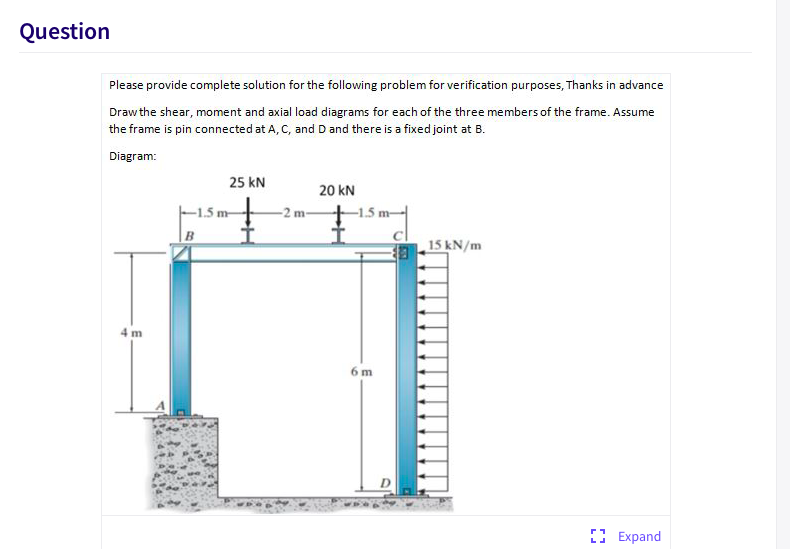 Question
Please provide complete solution for the following problem for verification purposes, Thanks in advance
Draw the shear, moment and axial load diagrams for each of the three members of the frame. Assume
the frame is pin connected at A, C, and D and there is a fixed joint at B.
Diagram:
25 kN
20 kN
1.5 m-
-2 m
1.5 m-
15 kN/m
4 m
6 m
E Expand
