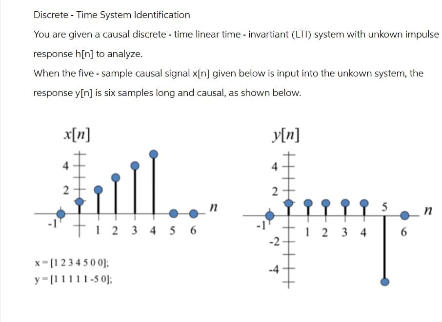 Discrete - Time System Identification
You are given a causal discrete-time linear time - invartiant (LTI) system with unkown impulse
response h[n] to analyze.
When the five-sample causal signal x[n] given below is input into the unkown system, the
response y[n] is six samples long and causal, as shown below.
x[n]
4
2
123456
x-[1234500];
y=[11111-50];
y[n]
4
2
n
5
n
12 2 3 4
6
-2
-4