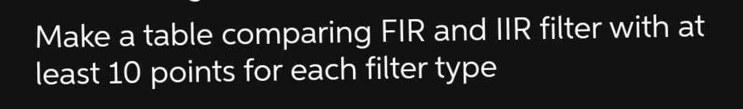 Make a table comparing FIR and IIR filter with at
least 10 points for each filter type