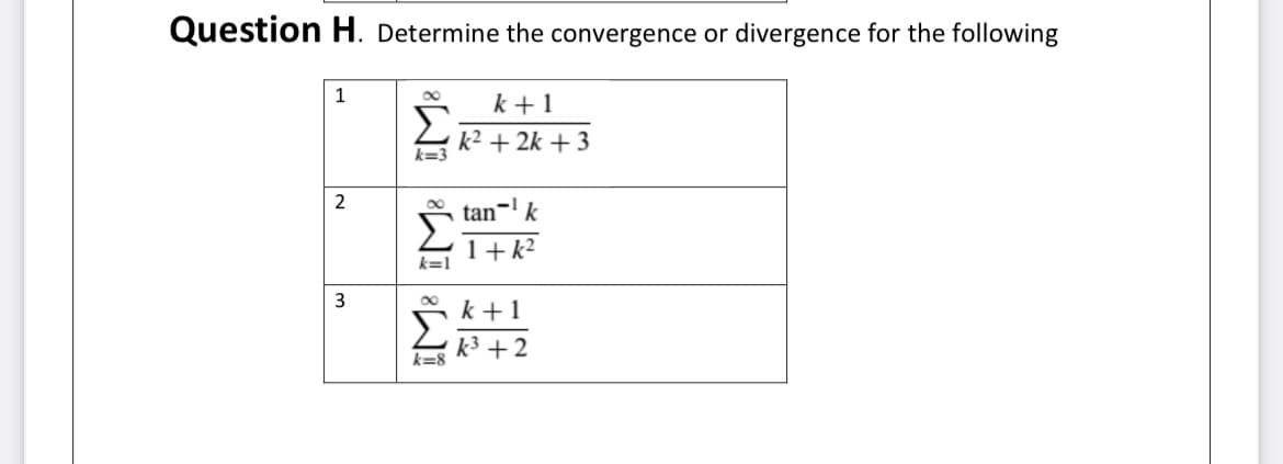 Question H. Determine the convergence or divergence for the following
1
k +1
k² + 2k + 3
k=3
2
* tan-' k
1+ k2
k=1
3
k +1
k3 + 2
k=8
