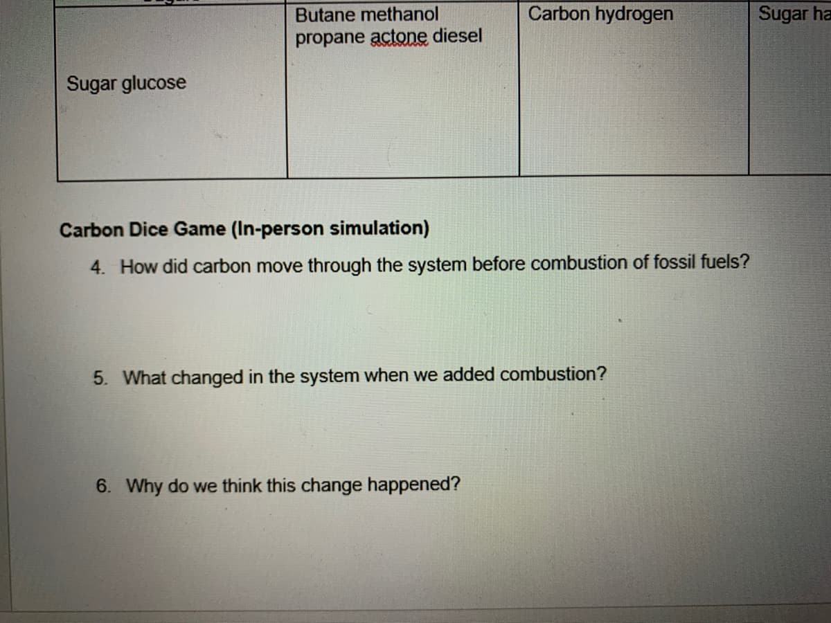 Butane methanol
Carbon hydrogen
Sugar ha
propane actone diesel
Sugar glucose
Carbon Dice Game (In-person simulation)
4. How did carbon move through the system before combustion of fossil fuels?
5. What changed in the system when we added combustion?
6. Why do we think this change happened?
