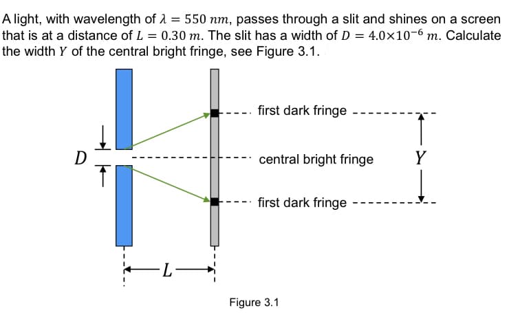 A light, with wavelength of 2 = 550 nm, passes through a slit and shines on a screen
that is at a distance of L = 0.30 m. The slit has a width of D = 4.0×10-6 m. Calculate
the width Y of the central bright fringe, see Figure 3.1.
first dark fringe
D
central bright fringe
Y
first dark fringe
-L-
Figure 3.1
