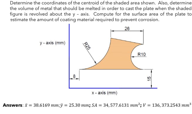 Determine the coordinates of the centroid of the shaded area shown. Also, determine
the volume of metal that should be melted in order to cast the plate when the shaded
figure is revolved about the y - axis. Compute for the surface area of the plate to
estimate the amount of coating material required to prevent corrosion.
26
y - axis (mm)
R10
8
x - axis (mm)
Answers: i = 38.6169 mm;ỹ = 25.30 mm; SA = 34,577.6131 mm?; V = 136, 373.2543 mm3
R25
15
