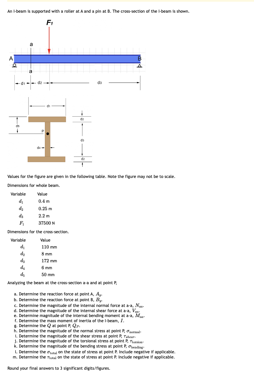 An I-beam is supported with a roller at A and a pin at B. The cross-section of the I-beam is shown.
F1
A
ō
a
d1
a
d2
d1
H
d5
P
d4-
d2
d3
d2
d3
B
Values for the figure are given in the following table. Note the figure may not be to scale.
Dimensions for whole beam.
Variable
Value
d₁
0.4 m
d2
0.25 m
d3
2.2 m
F₁
37500 N
Dimensions for the cross-section.
Variable
d₁
d₂
d3
d4
d5
Value
110 mm
8 mm
172 mm
6 mm
50 mm
Analyzing the beam at the cross-section a-a and at point P,
a. Determine the reaction force at point A, Ay.
b. Determine the reaction force at point B, By.
c. Determine the magnitude of the internal normal force at a-a, Naa-
d. Determine the magnitude of the internal shear force at a-a, Vaa-
e. Determine magnitude of the internal bending moment at a-a, Maa.
f. Determine the mass moment of inertia of the I-beam, I.
g. Determine the Qat point P, Qp.
h. Determine the magnitude of the normal stress at point P, σnormal.
i. Determine the magnitude of the shear stress at point P, Tshear-
j. Determine the magnitude of the torsional stress at point P, Ttorsion.
k. Determine the magnitude of the bending stress at point P, bending.
l. Determine the total on the state of stress at point P. Include negative if applicable.
m. Determine the Ttotal on the state of stress at point P. Include negative if applicable.
Round your final answers to 3 significant digits/figures.