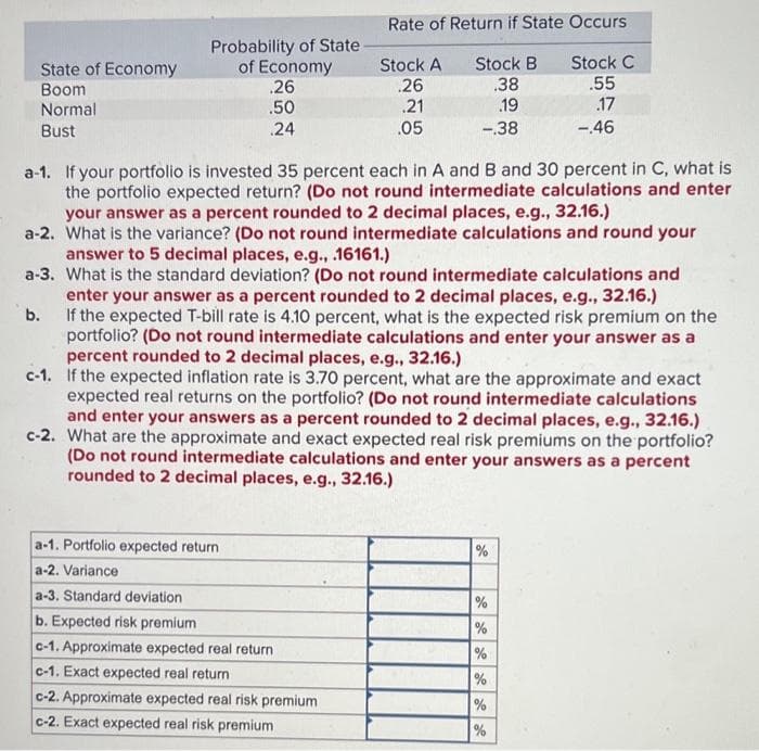 State of Economy
Boom
Normal
Bust
Probability of State
of Economy
.26
.50
.24
a-1. Portfolio expected return
a-2. Variance
Rate of Return if State Occurs
Stock A
Stock B
.26
.38
.21
.19
.05
-.38
a-1. If your portfolio is invested 35 percent each in A and B and 30 percent in C, what is
the portfolio expected return? (Do not round intermediate calculations and enter
your answer as a percent rounded to 2 decimal places, e.g., 32.16.)
a-2. What is the variance? (Do not round intermediate calculations and round your
answer to 5 decimal places, e.g., .16161.)
a-3. What is the standard deviation? (Do not round intermediate calculations and
enter your answer as a percent rounded to 2 decimal places, e.g., 32.16.)
b. If the expected T-bill rate is 4.10 percent, what is the expected risk premium on the
portfolio? (Do not round intermediate calculations and enter your answer as a
percent rounded to 2 decimal places, e.g., 32.16.)
c-1. If the expected inflation rate is 3.70 percent, what are the approximate and exact
expected real returns on the portfolio? (Do not round intermediate calculations
and enter your answers as a percent rounded to 2 decimal places, e.g., 32.16.)
c-2. What are the approximate and exact expected real risk premiums on the portfolio?
(Do not round intermediate calculations and enter your answers as a percent
rounded to 2 decimal places, e.g., 32.16.)
a-3. Standard deviation
b. Expected risk premium
c-1. Approximate expected real return
c-1. Exact expected real return
c-2. Approximate expected real risk premium
c-2. Exact expected real risk premium
%
Stock C
.55
.17
-.46
%
%
%
%
%
%