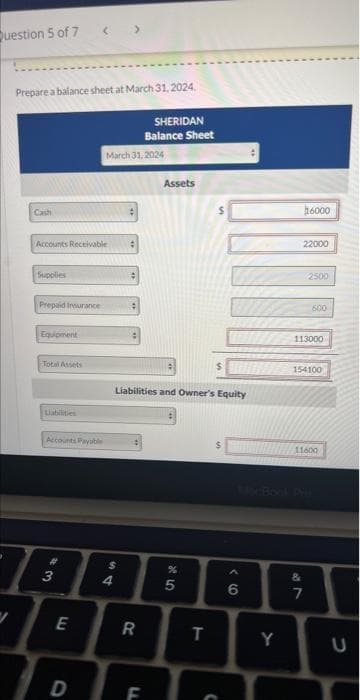 Question 5 of 7
P
Prepare a balance sheet at March 31, 2024.
SHERIDAN
Balance Sheet
Cash
Accounts Receivable
Supplies
Prepaid Insurance
Equipment
Total Assets
Accounts Payable
#3
E
March 31, 2024
D
S
4
#
#
Liabilities and Owner's Equity
R
Assets
F
25
%
T
C
6
Y
16000
22000
27
2500
113000
&
600
154100
11600
U