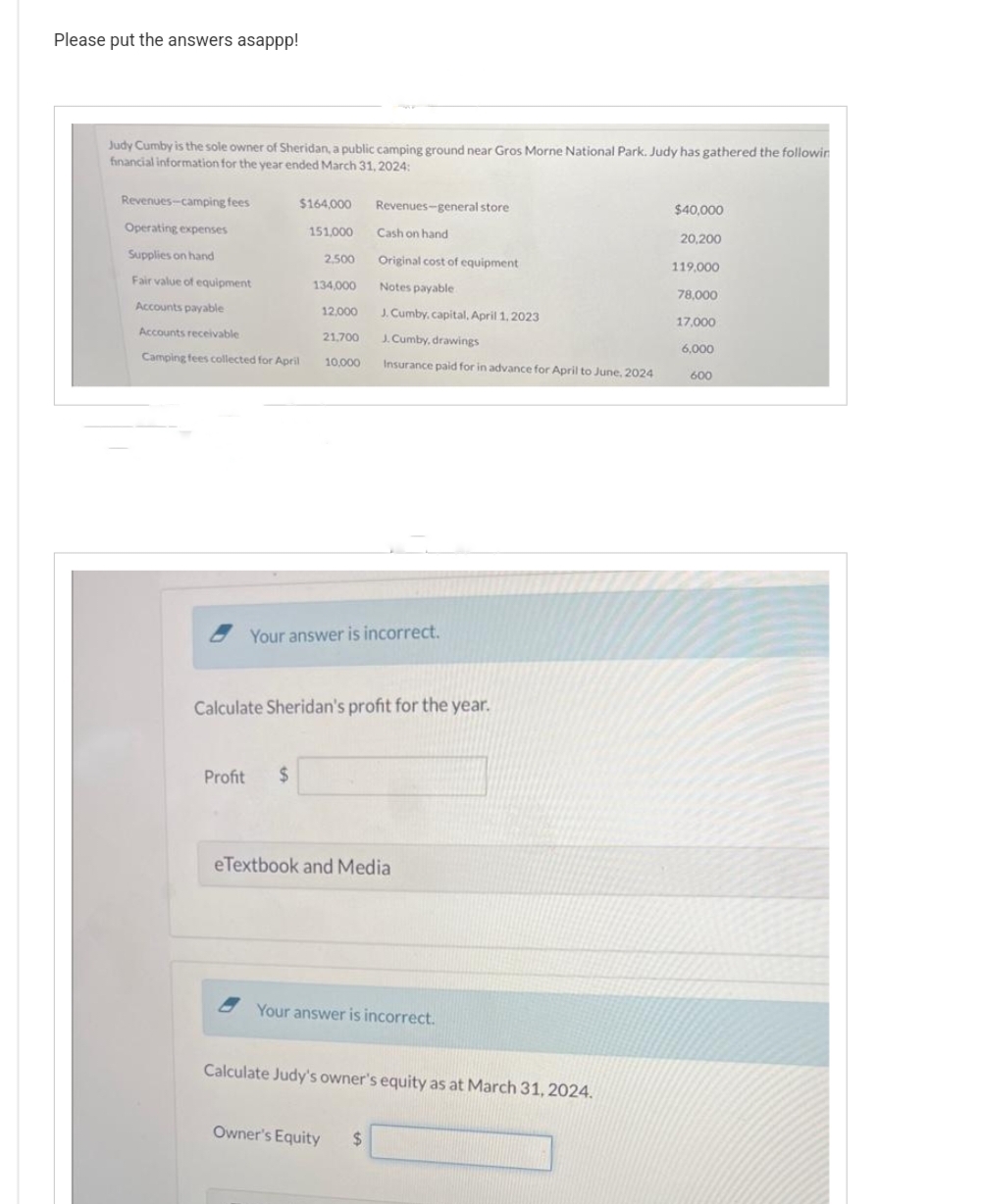 Please put the answers asappp!
Judy Cumby is the sole owner of Sheridan, a public camping ground near Gros Morne National Park. Judy has gathered the followin
financial information for the year ended March 31, 2024:
Revenues-camping fees
$164,000
151,000
Operating expenses
Supplies on hand
Fair value of equipment
Accounts payable
Accounts receivable
Camping fees collected for April
2,500
Profit $
134,000
12,000
21,700
10,000
Your answer is incorrect.
Revenues-general store
Cash on hand
Original cost of equipment
Notes payable
J. Cumby, capital, April 1, 2023
J.Cumby, drawings
Insurance paid for in advance for April to June, 2024
Calculate Sheridan's profit for the year.
eTextbook and Media
Your answer is incorrect.
Calculate Judy's owner's equity as at March 31, 2024.
Owner's Equity $
$40,000
20,200
119,000
78,000
17,000
6,000
600