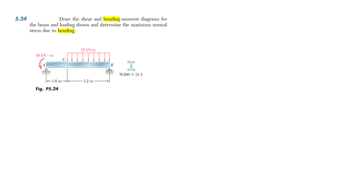 5.24
Draw the shear and bending-moment diagrams for
the beam and loading shown and determine the maximum normal
stress due to bending.
40 kN • m
A
1.6 m-
Fig. P5.24
25 kN/m
3.2 m
B
I
W200 × 31.3