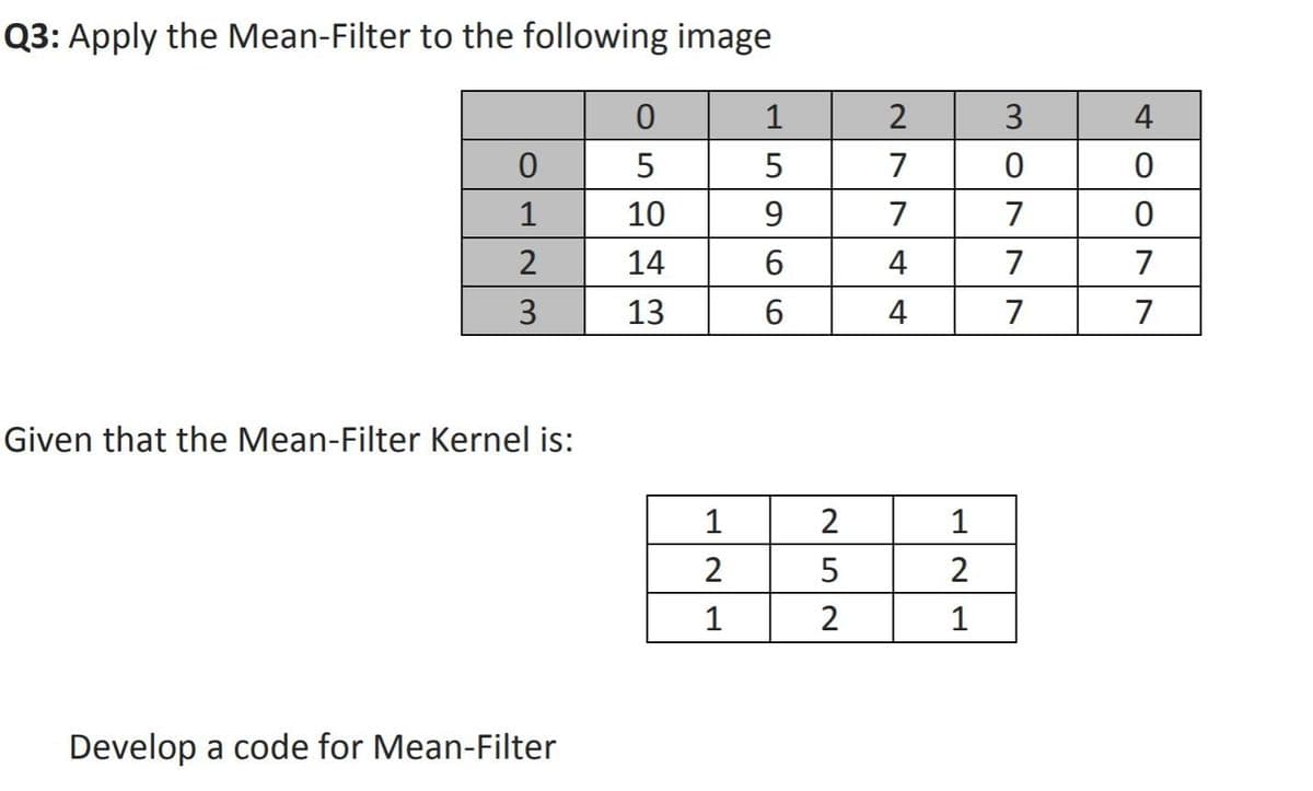 Q3: Apply the Mean-Filter to the following image
1
2
3
4
7
1
10
7
7
14
6
4
7
3
13
6
4
7
7
Given that the Mean-Filter Kernel is:
1
2
1
2
5
2
1
2
1
Develop a code for Mean-Filter
ON
59
