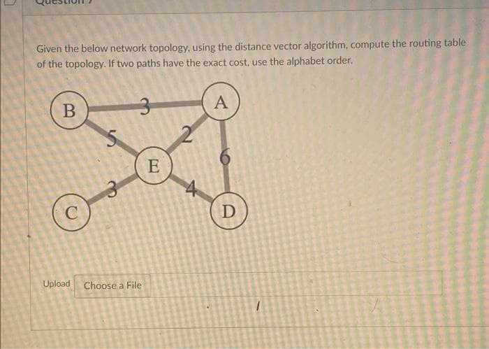 Given the below network topology, using the distance vector algorithm, compute the routing table
of the topology. If two paths have the exact cost, use the alphabet order.
A
B
E
D
Upload Choose a File
t6
