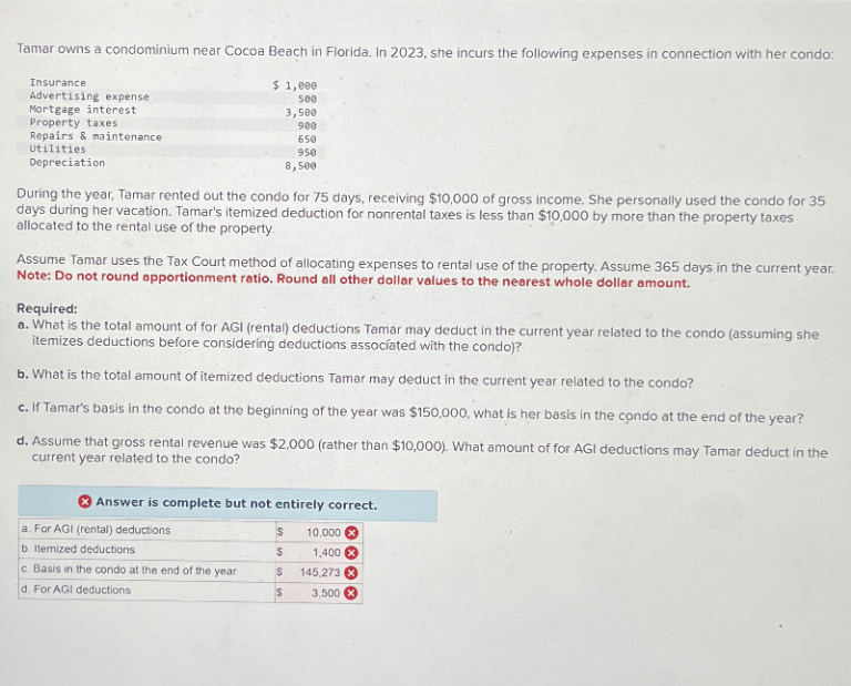 Tamar owns a condominium near Cocoa Beach in Florida. In 2023, she incurs the following expenses in connection with her condo:
Insurance
Advertising expense
Mortgage interest
Property taxes
Repairs & maintenance
$ 1,000
500
3,500
900
650
Utilities
Depreciation
950
8,500
During the year, Tamar rented out the condo for 75 days, receiving $10,000 of gross income. She personally used the condo for 35
days during her vacation. Tamar's itemized deduction for nonrental taxes is less than $10,000 by more than the property taxes
allocated to the rental use of the property.
Assume Tamar uses the Tax Court method of allocating expenses to rental use of the property. Assume 365 days in the current year.
Note: Do not round apportionment ratio. Round all other dollar values to the nearest whole dollar amount.
Required:
a. What is the total amount of for AGI (rental) deductions Tamar may deduct in the current year related to the condo (assuming she
itemizes deductions before considering deductions associated with the condo)?
b. What is the total amount of itemized deductions Tamar may deduct in the current year related to the condo?
c. If Tamar's basis in the condo at the beginning of the year was $150,000, what is her basis in the condo at the end of the year?
d. Assume that gross rental revenue was $2,000 (rather than $10,000). What amount of for AGI deductions may Tamar deduct in the
current year related to the condo?
Answer is complete but not entirely correct.
a. For AGI (rental) deductions
$
10,000
b. Itemized deductions
$
1,400 x
c. Basis in the condo at the end of the year
$ 145,273
d. For AGI deductions
S
3,500