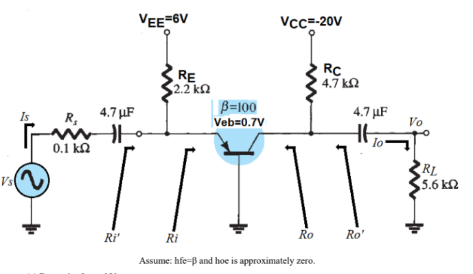 VEE=6V
Vcc=-20V
RE
2.2 kN
RC
4.7 kN
4.7 µF
B=100
4.7 µF
Is
R,
Vo
Veb=0.7V
Io
0.1 kN
Vs()
RL
5.6 k2
Ri'
Ri
Ro
Ro'
Assume: hfe=ß and hoe is approximately zero.
