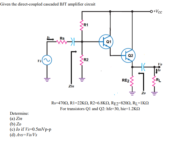 Given the direct-coupled cascaded BJT amplifier circuit
o+Vcc
PR1
Rs
Q1
Q2
R2
Vs
Vo
RE2
RL
Zin
Zo
Rs-4702, Rl=22KΩ, R2-6.8ΚΩ, RE2-8202, RL-IK
For transistors Ql and Q2: hfe=30, hie=1.2KQ
Determine:
(a) Zin
(b) Zo
(c) lo if Vs=0.5mVp-p
(d) Avs=Vo/Vs
