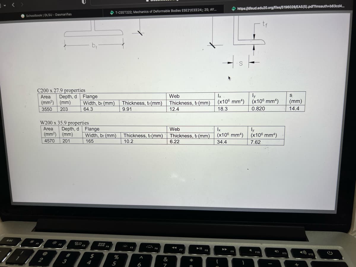 esc
.
1
1
Schoolbook | DLSU - Dasmariñas
2
C200 x 27.9 properties
Area
(mm²) (mm)
3550 203
W200 x 35.9 properties
Area
(mm²) (mm)
4570 201
F2
@
2
Depth, d Flange
b₁
#
Depth, d Flange
3
Width, bf (mm)
64.3
T-CEET222; Mechanics of Deformable Bodies ESE21/CEE24;; 2S; AY...
Web
Thickness, tf (mm) Thickness, tf (mm)
9.91
12.4
Web
Thickness, tf (mm) Thickness, tf (mm)
10.2
6.22
➤11
F5
Fó
F7
Width, bf (mm)
165
000
20
30 F3
DOD F4
$
%
5
6
&
7
0.
O
F8
https://disud.edu20.org/files/5196028/EA5(5).pdf?Imsauth=b63cd4...
tf
S
ly
Ix
(x106 mm²)
(x106 mm²)
0.820
18.3
lx
ly
(x106 mm) (x106 mm²)
7.62
34.4
F9
F10
-
F11
S
(mm)
14.4
4) F12