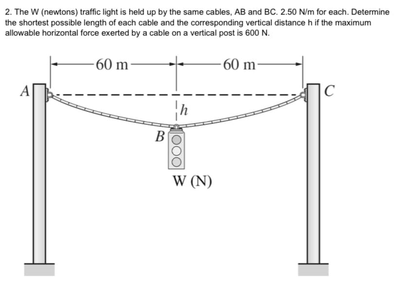 2. The W (newtons) traffic light is held up by the same cables, AB and BC. 2.50 N/m for each. Determine
the shortest possible length of each cable and the corresponding vertical distance h if the maximum
allowable horizontal force exerted by a cable on a vertical post is 600 N.
60 m
60 m:
|C
A
B
W (N)
