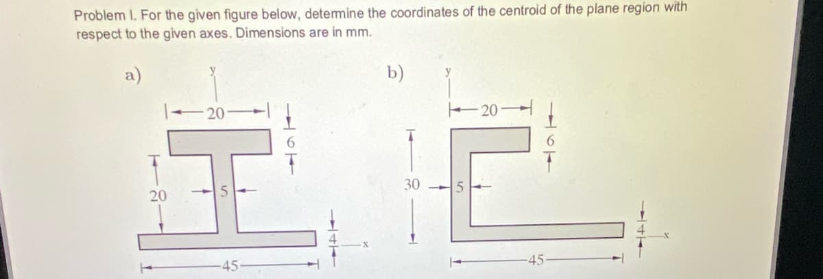 Problem I. For the given figure below, detemine the coordinates of the centroid of the plane region with
respect to the given axes. Dimensions are in mm.
a)
b)
20
20
30
20
45
45-
