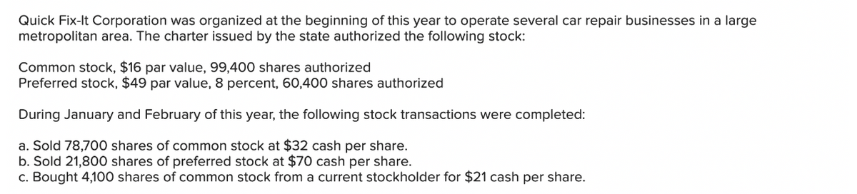 Quick Fix-It Corporation was organized at the beginning of this year to operate several car repair businesses in a large
metropolitan area. The charter issued by the state authorized the following stock:
Common stock, $16 par value, 99,400 shares authorized
Preferred stock, $49 par value, 8 percent, 60,400 shares authorized
During January and February of this year, the following stock transactions were completed:
a. Sold 78,700 shares of common stock at $32 cash per share.
b. Sold 21,800 shares of preferred stock at $70 cash per share.
c. Bought 4,100 shares of common stock from a current stockholder for $21 cash per share.
