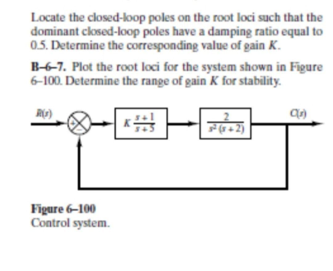 Locate the closed-loop poles on the root loci such that the
dominant closed-loop poles have a damping ratio equal to
0.5. Determine the corresponding value of gain K.
B-6-7. Plot the root loci for the system shown in Figure
6-100. Determine the range of gain K for stability.
R(s)
Figure 6-100
Control system.
K
3² (x+2)
C(s)