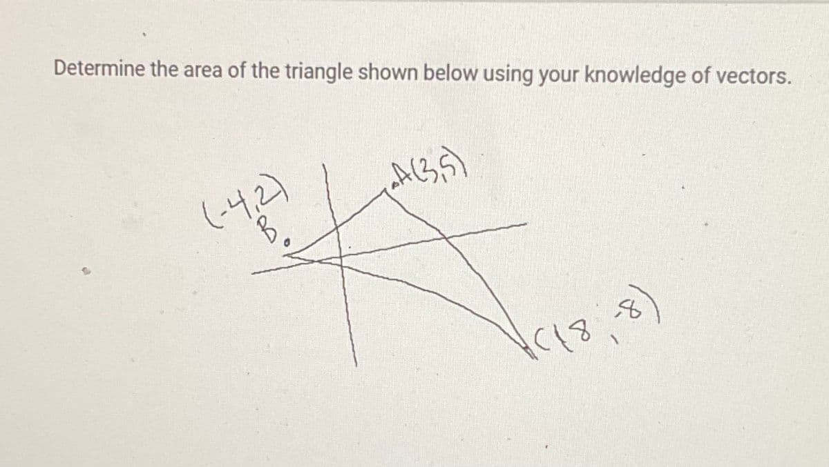 Determine the area of the triangle shown below using your knowledge of vectors.
(-4,2)
A(35)
(18.8)