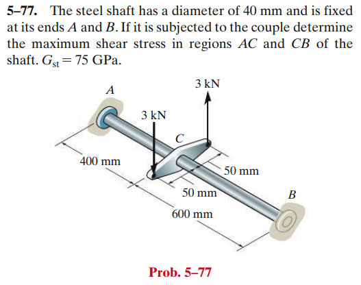 5-77. The steel shaft has a diameter of 40 mm and is fixed
at its ends A and B. If it is subjected to the couple determine
the maximum shear stress in regions AC and CB of the
shaft. Gst=75 GPa.
A
400 mm
3 kN
3 kN
50 mm
600 mm
Prob. 5-77
50 mm
B